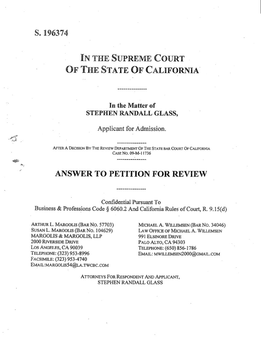 In the Supreme Court of the State of California - Stephen Randall Glass Answer to Petition for Review